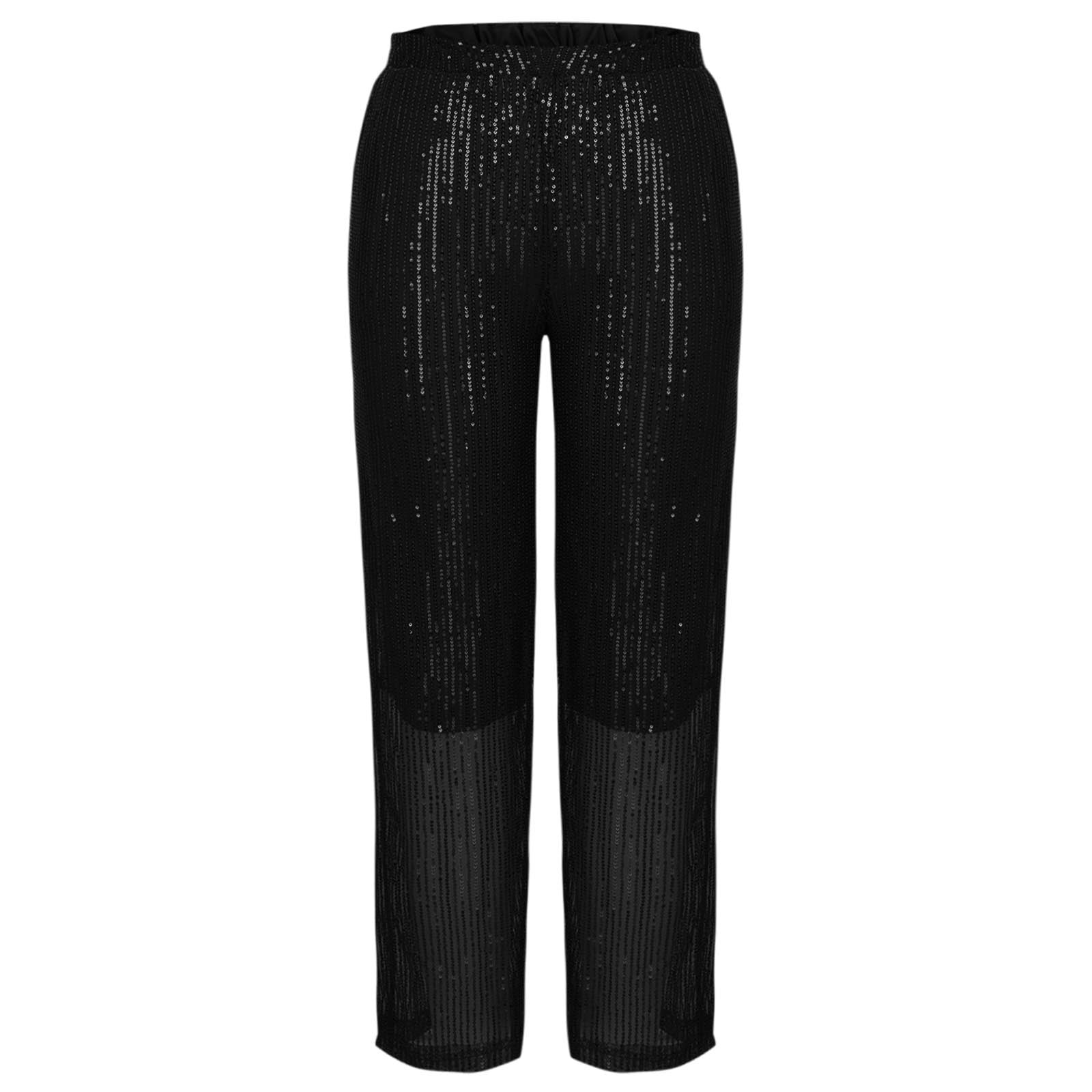 Viikei Womens Pants Plus Size,Women Sequin Wide Leg Pants Loose Casual Sparkly Tightness Looseness Waist Button Wide Legs Full Length Pants Black XXXL