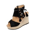 thumbnail image 2 of YgkuHd Women's Casual Wedge Sandals Peep Toe Faux Suede Lace-Up Front with Tassel Accents Espadrille Wedge Heel Black,7.5, 2 of 8