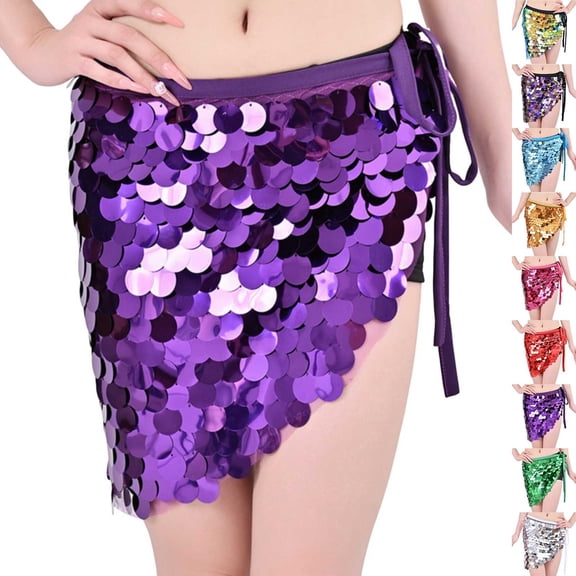 AGWOLF Sequin Skirt for Women Glitter Mermaid Mini Skirts Sparkly Belly Dance Hip Scarf Music Party Rave Wrap Skirt