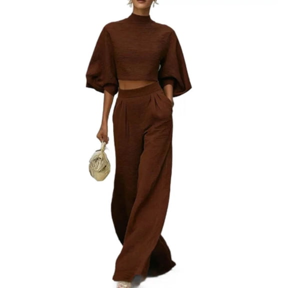 MaFYtyTPR Women's Two Piece Outfits Puff Sleeve Crop Top And Wide Leg Pants Set for Casual Daily Wear A-Coffee L