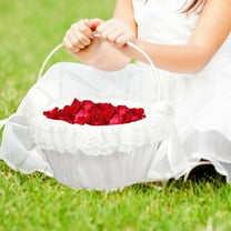 MLINS White Lace and Satin Flower Girl Basket for Wedding Decor and Storage 10.5 Inches