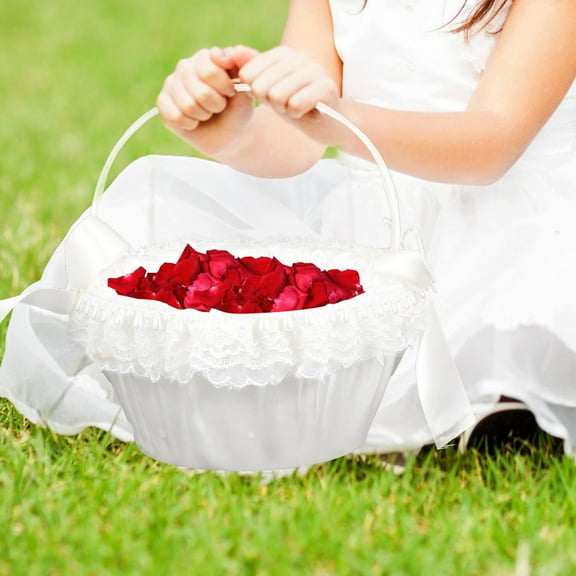 MLINS White Lace and Satin Flower Girl Basket for Wedding Decor and Storage 10.5 Inches