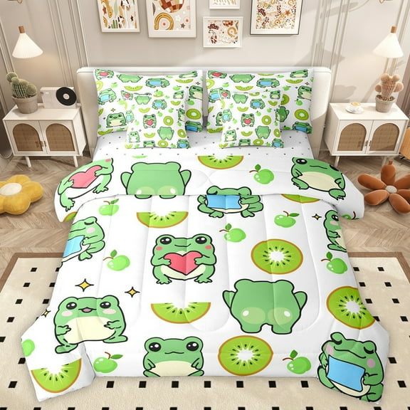 Homewish Cute Cartoon Frog 7-Piece Twin Bedding Sets,Rustic Animal Bedding Comforter Set,Green Beige Sheet Sets For Girl Boys,Super Cozy Room Decor