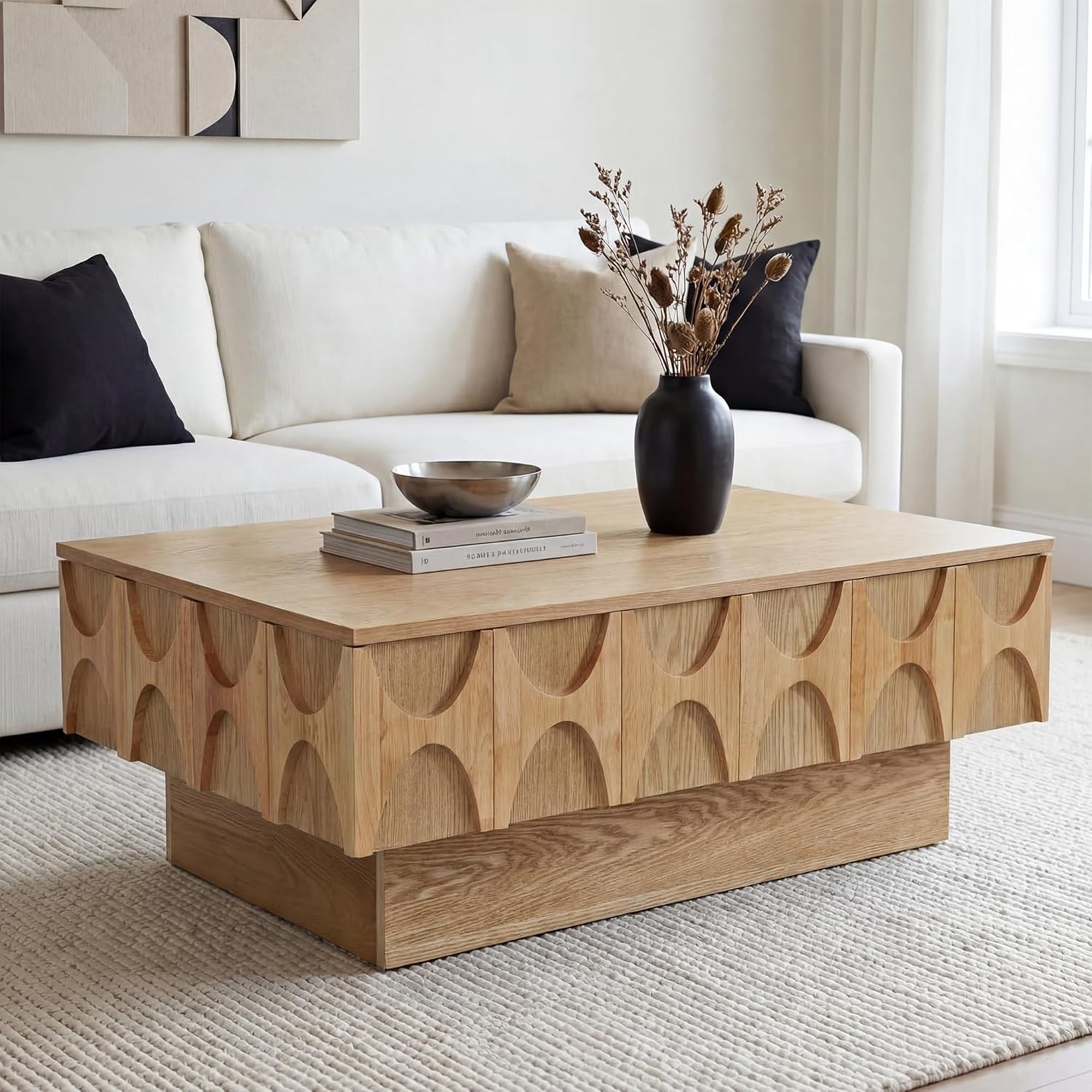 LKTART 38.6" Mid Century Modern Coffee Table with Sliding Top  Hidden Storage, Solid Wood Veneer Rectangle Center Table for Living Room Home, Natural