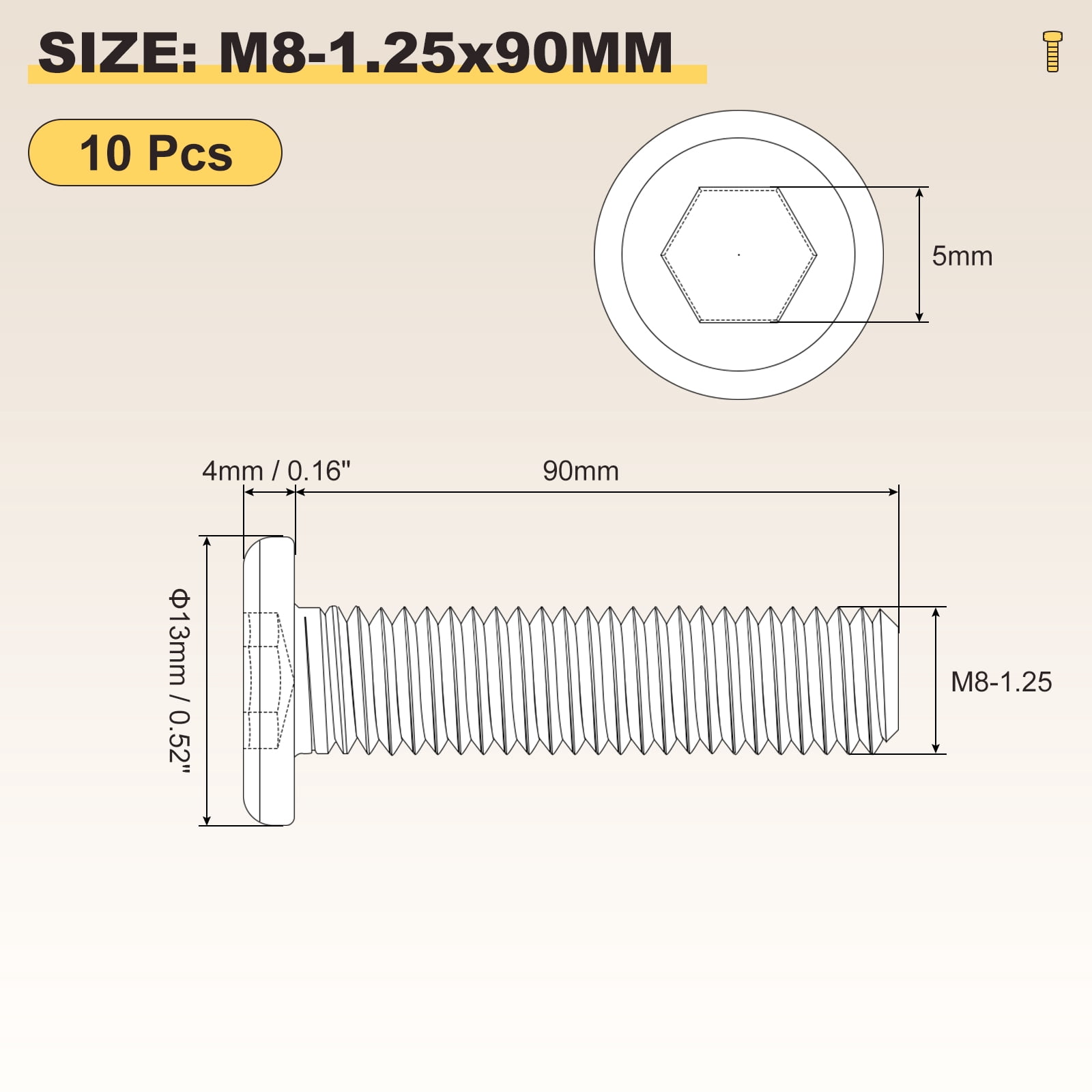 Flat Head Hex Socket Cap Screws Bolts(M8-1.25x90) 10Pcs, 304 Stainless Steel Hex Socket Furniture Bolts Countersunk Screws - for Furniture Woodworking Project, Silver Tone