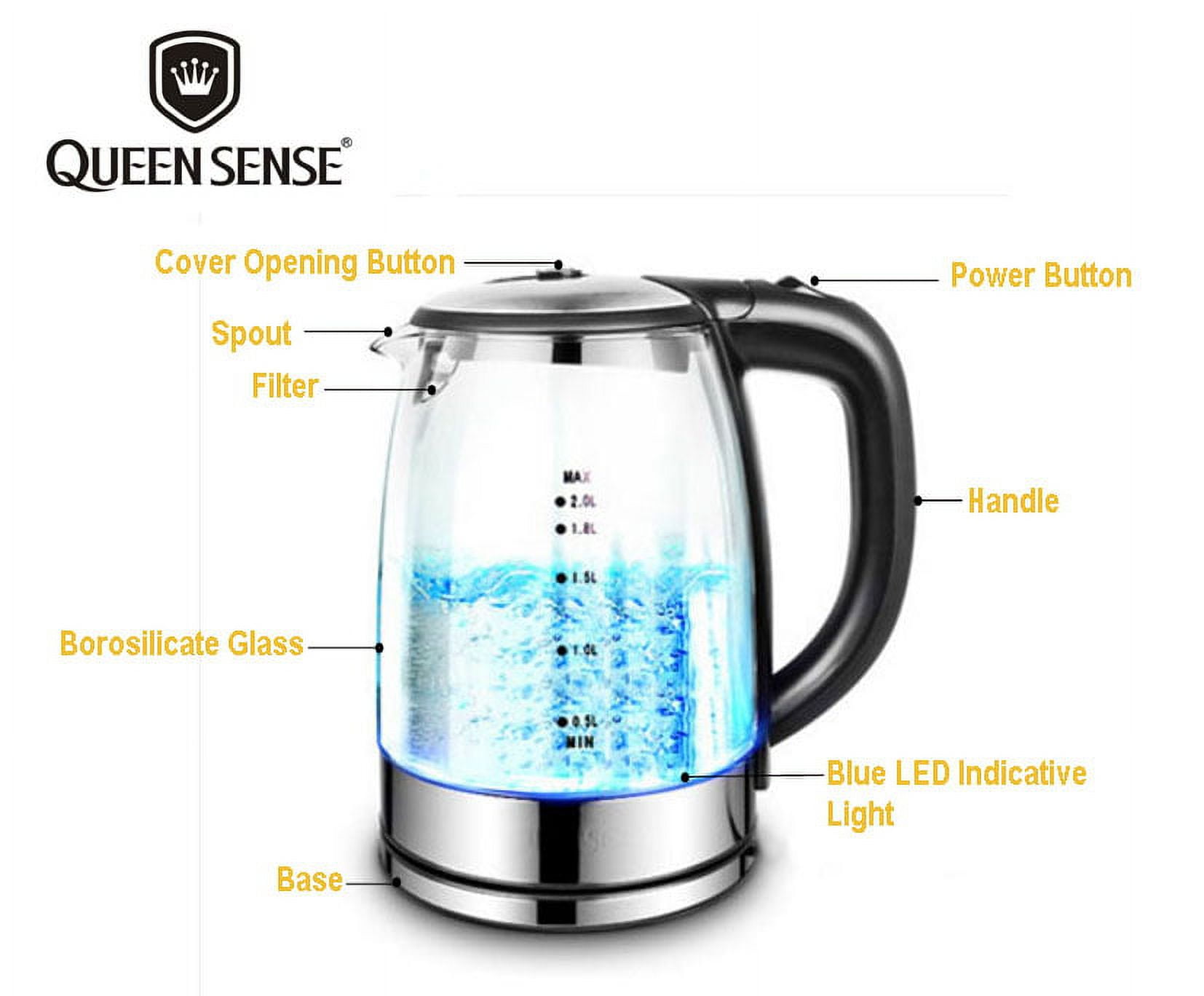 [Factory Store] QUEEN SENSE SpeedBoil Cordless Electric Kettle Glass Tea, Coffee Pot 1.7 Liter Cordless with LED Light, BPA-Free with Auto Shut-Off and Boil-Dry ProtectionGK2001