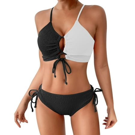 MGCWSH Women s Sexy Bikini Set Color Block Lace Up 2 Piece Bathing Suit Tie Side Swimsuit Black M