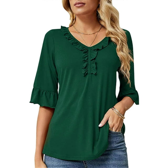 Women Ruffle Trim Half Sleeve Top V Neck Casual Loose Fit Elegant Dressy Summer T Shirt Green L