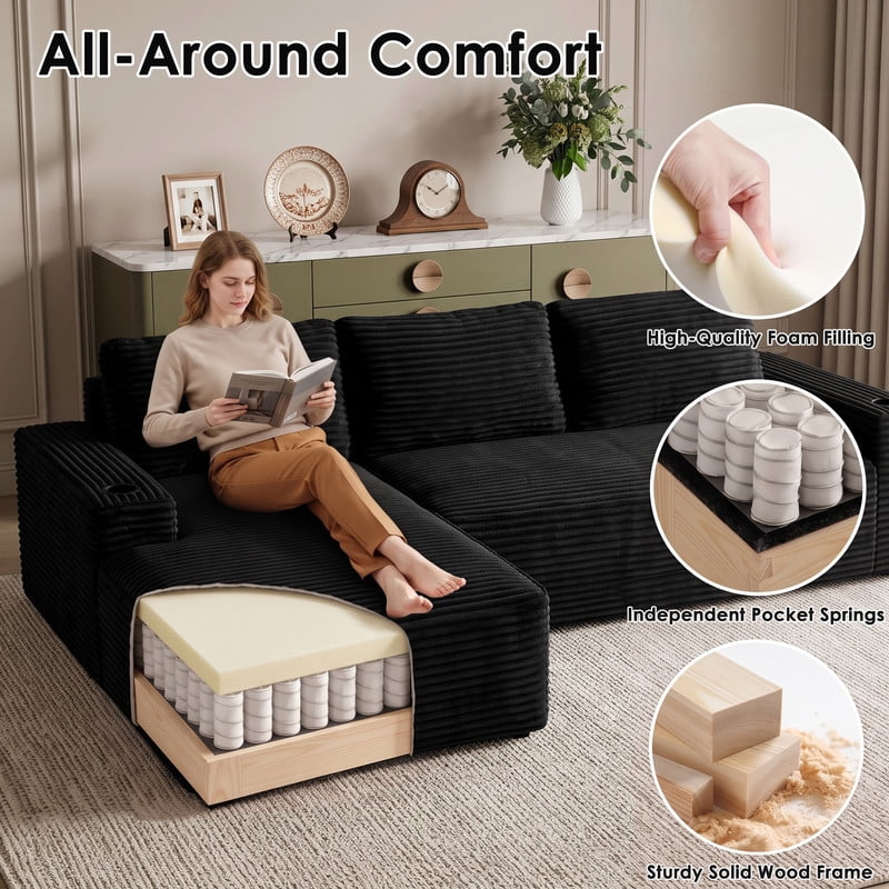 Anpport 104" Boneless Cloud Modular Sectional Couch, Corduroy Sofa with Cup Holders, Side Pockets, Deep Seat, No Assembly Required for Living Room, Black (L‑Shaped, Left Facing Chaise)