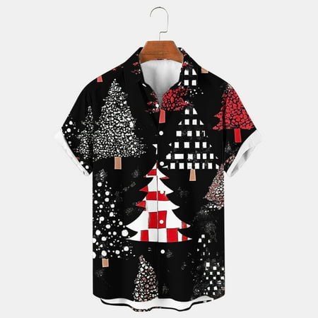 UVEASISHA Mens Hawaiian Shirts Short Sleeve Casual Christmas Shirt Novelty Xmas Tree Graphic Bowling Shirts Button Up Vacation Beach Shirt Clearance Sales Black 3XL