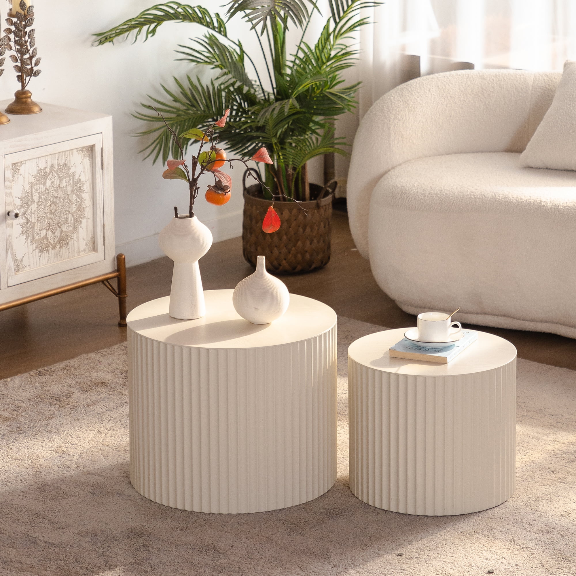 Leumius 33.86" Nesting Coffee Table Set of 2 Modern Drum Side Table End Table Wave Stripe Round Coffee Table for Living Room Beige 2