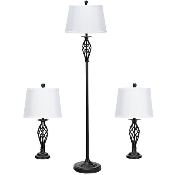 Gymax 3-Piece Lamp Set 2 Table Lamps 1 Floor Lamp Fabric Shades Living Room Bedroom