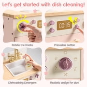 Robud Wooden Dishwasher Playset for Kids - Pretend Kitchen Sink with Faucet, Turning Knobs, Dish Rack & Tableware for Toddler Role Play Toy Ages 3+, Pink
