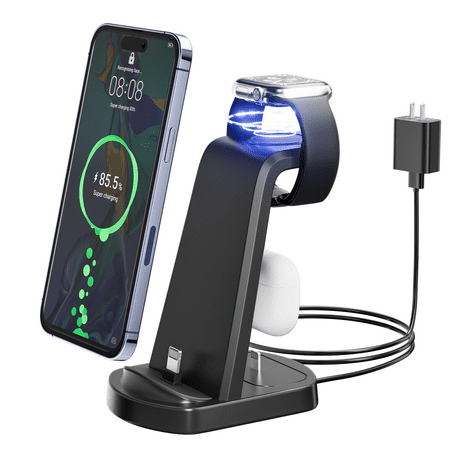 3 in 1 Charging Station for iPhone, Wireless Charging Stand for Apple Watch Series 7 6 SE 5 4 3 2, 3 in 1 Fast charger for iPhone 14 13 12 11 Pro X Max XS XR 8 7 Plus 6s 6 & Airpods