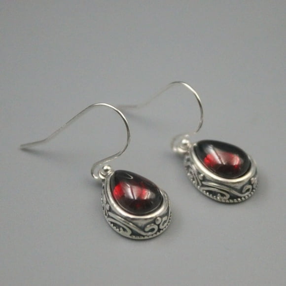 HOOUN Real 925 Silver Dangle Women Red Garnet Carved Pattern Drop Earrings