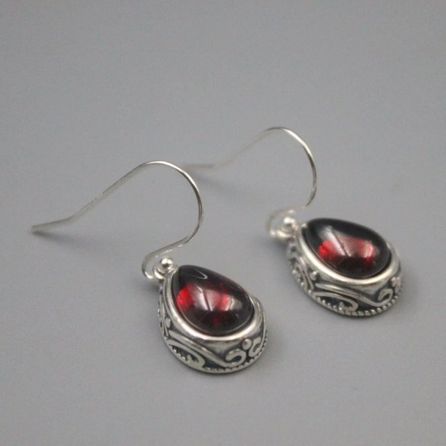 HOOUN Real 925 Silver Dangle Women Red Garnet Carved Pattern Drop Earrings