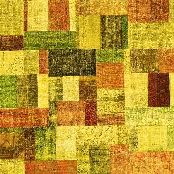 Ahgly Company Machine Washable Indoor Square Patchwork Yellow Transitional Area Rugs, 8' Square