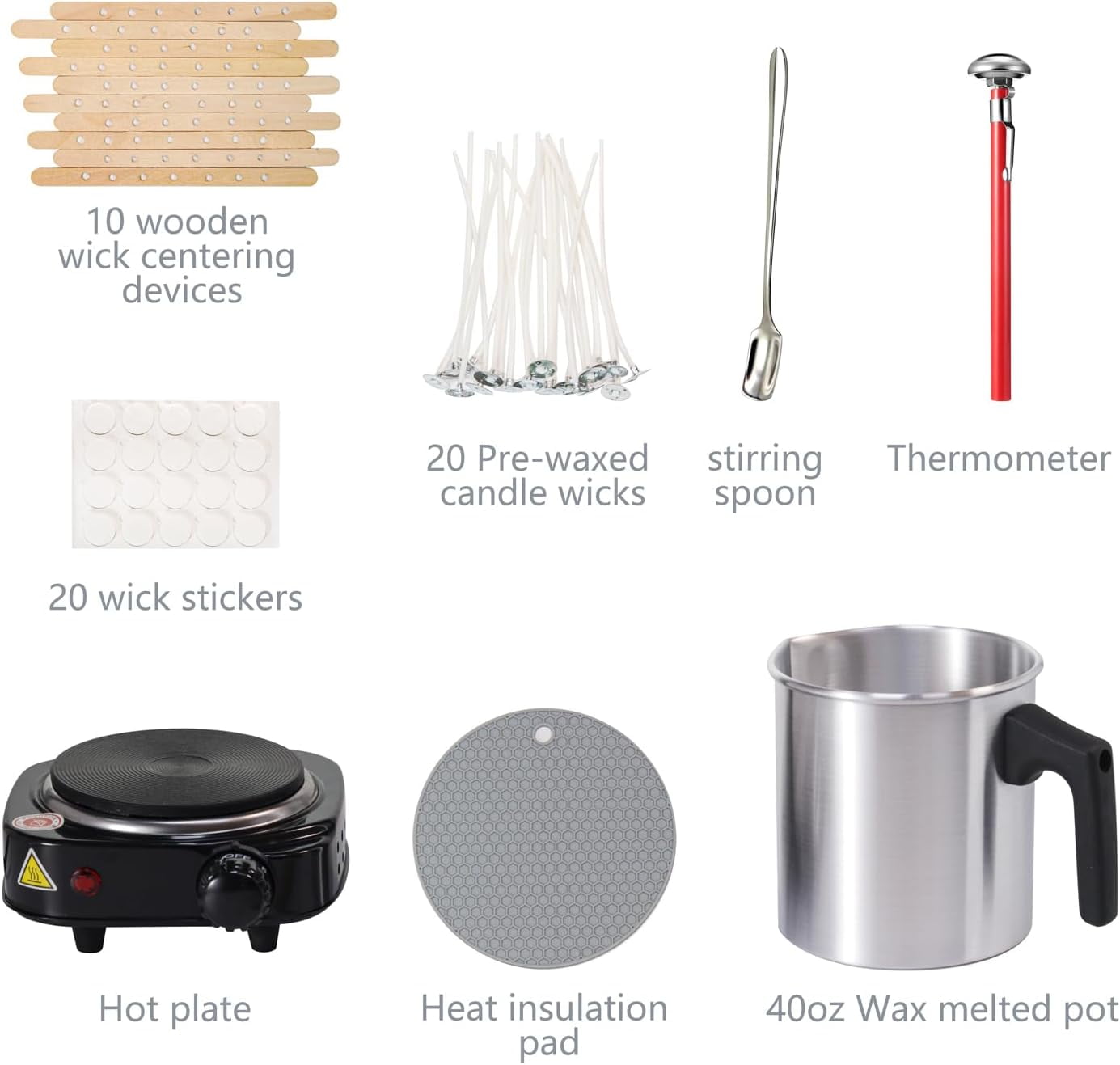 Candle Making Kit with Wax Melter 40 oz Double Boiler Melting Pot Thermometer Wick Centering Device Hot Plate and Supplies for Beginners