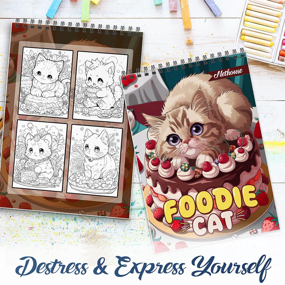 NETHOUSE Foodie Cat Coloring Book For Adults Relaxation & Stress Relief, 30 Coloring Pages Featuring Adorable Cats Enjoying Food, Playful Kitchen Scenes, Tasty Dishes, and Whimsical Culinary Moments