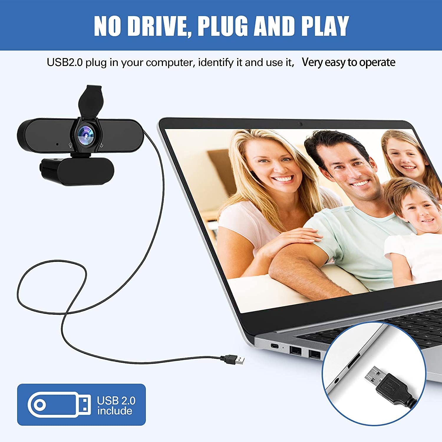 Webcam HD 1080p Web Camera, USB PC Computer Webcam with Microphone, Laptop Desktop Full HD Camera Video Webcam 360 Degree Widescreen, Pro Streaming Webcam for Recording, Calling, Conferencing, Gaming - image 2 of 8