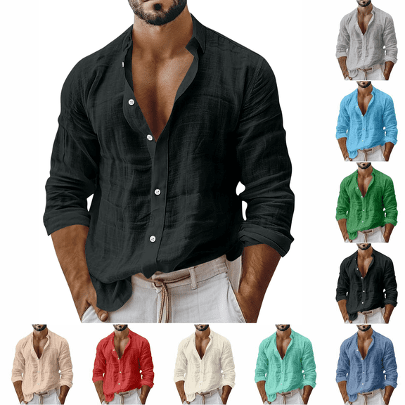 Zeijnsda Mens Shirts Breathable Cotton Linen Long Sleeve Blouse Lapel Button Up Solid Color Shirts Spring Summer Lightweight Mens Cardigan