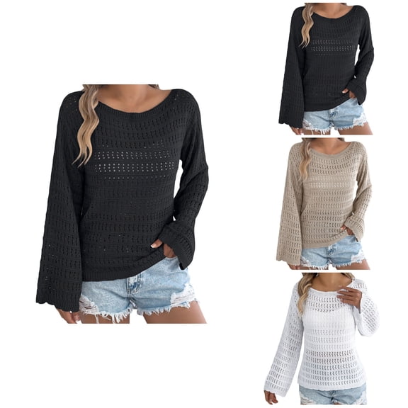 2025 Early Autumn One Collar Hollow Out Long Sleeved Knitted Sweater Casual Loose Women's Clothing