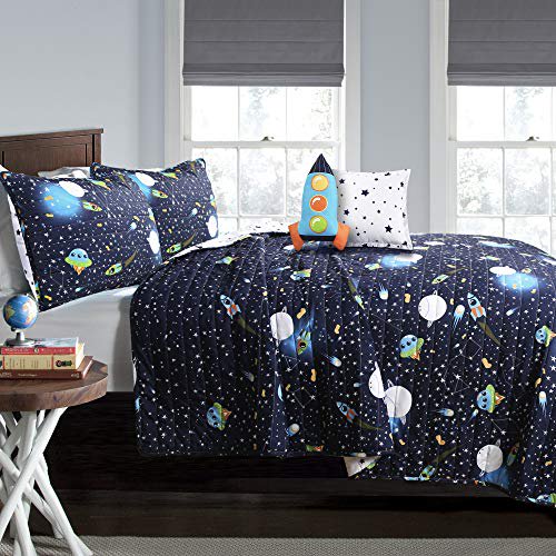 Lush Decor Navy Universe Quilt Outer Space Stars Galaxy Planet Rocket Reversible 4 Piece Bedding Set For Kids Twin Walmart Com Walmart Com