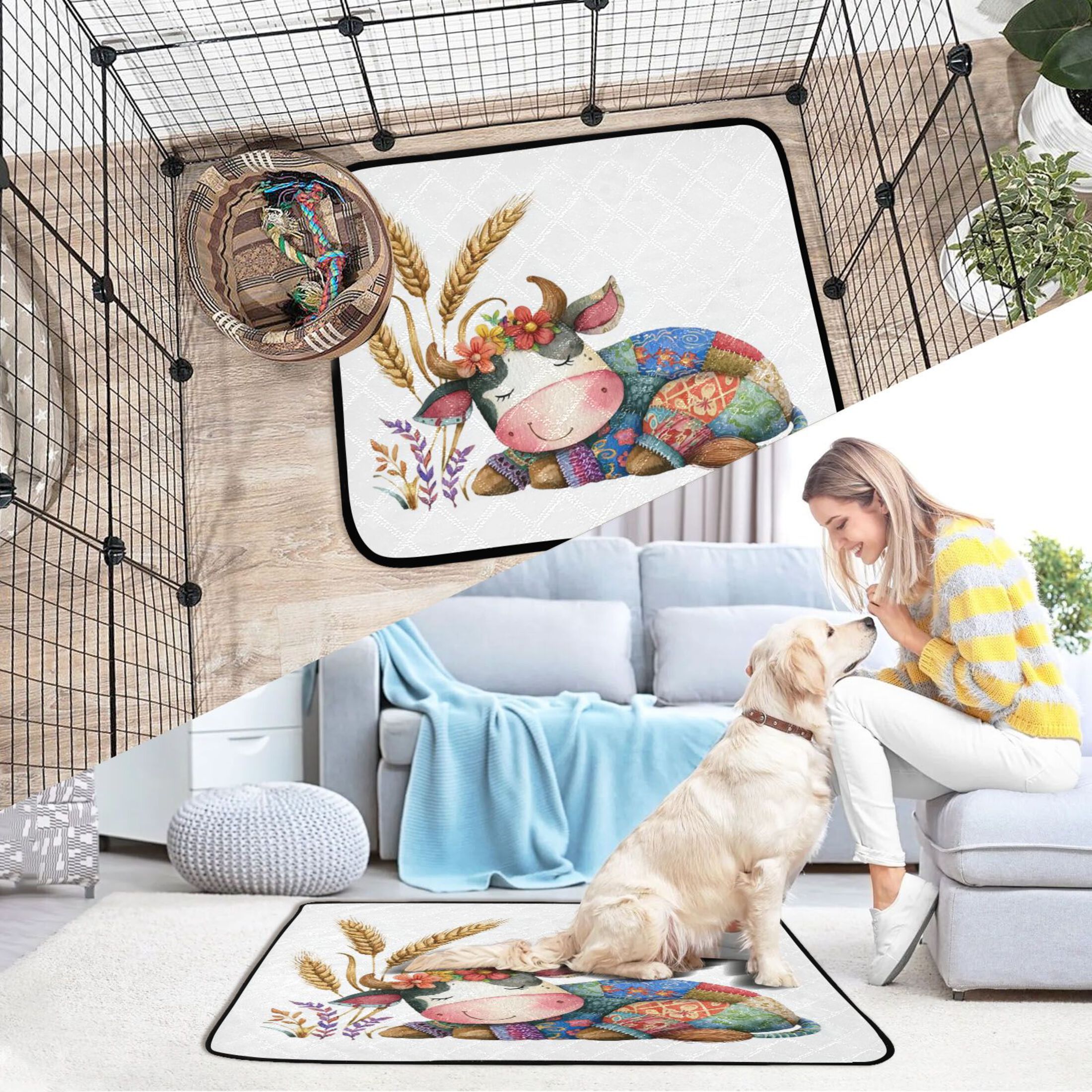 IAUYY Washable Pee Pads for Dogs Smallx3 Absorbent and Leak-Proof Non-Slip Reusable Puppy Pee Pads for Dogs Applicable to Playpen Potty Crate Watercolor Cow Illustration Style