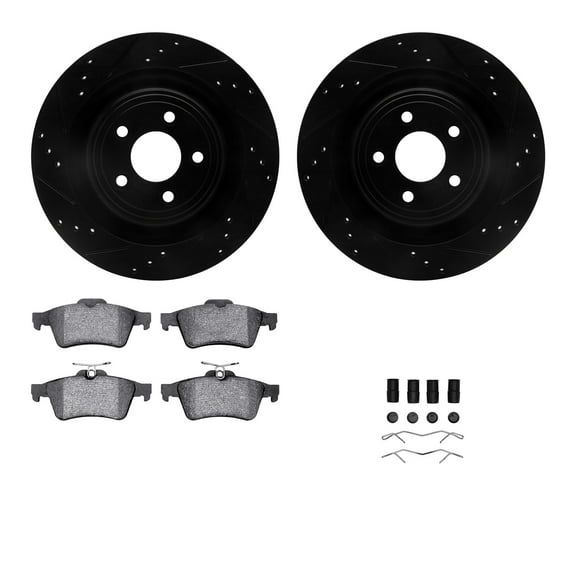 Dynamic Friction Company Rear Brake Rotors-Drilled and Slotted-Black with 5000 Euro Ceramic Brake Pads includes Hardware 8612-20011