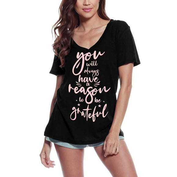 Women's Graphic T-Shirt V Neck Quote Reason To Be Grateful - Thanksgiving Day Eco-Friendly Ladies Limited Edition Short Sleeve Tee-Shirt Vintage Birthday Gift Novelty