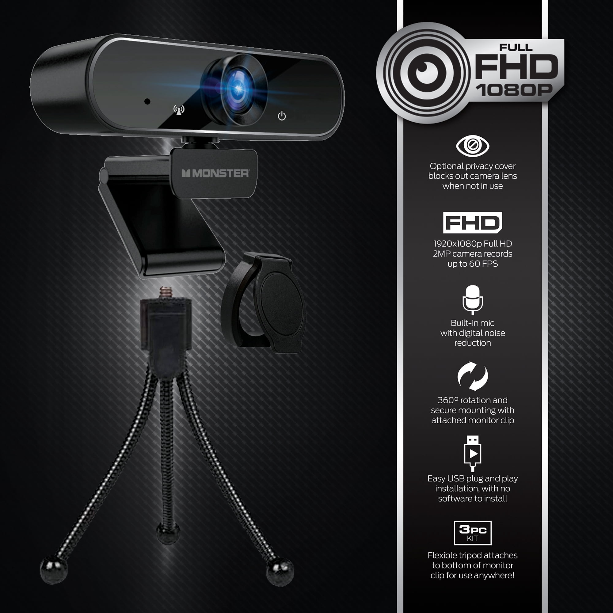 Monster 080P HD Insight Pro Premium Black Webcam, Auto Focus, 2 MP