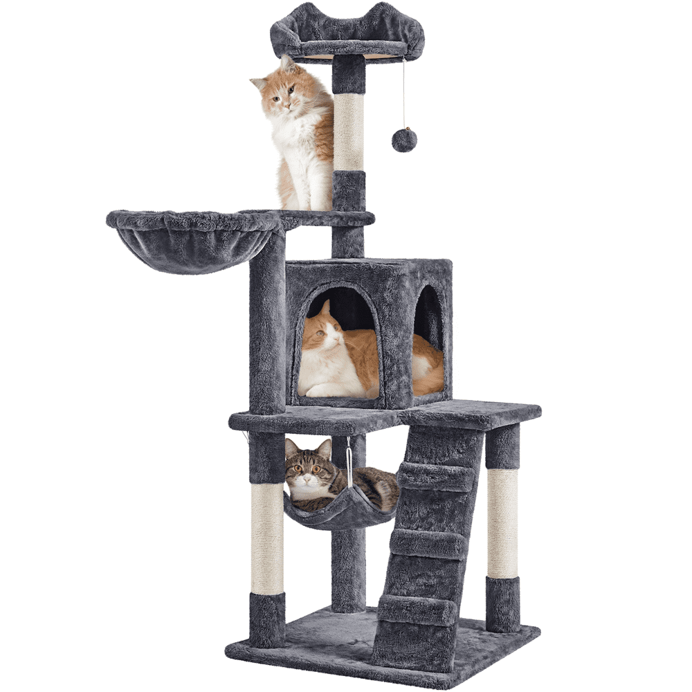 Alden Design 54" Cat Tree with Hammock, Basket and Scratching Post Tower, Dark Gray