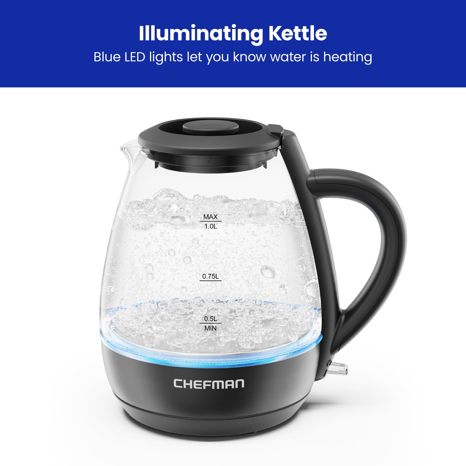 Chefman 1L Electric Glass Kettle w LED Indicator Light Automatic Shutoff Black New