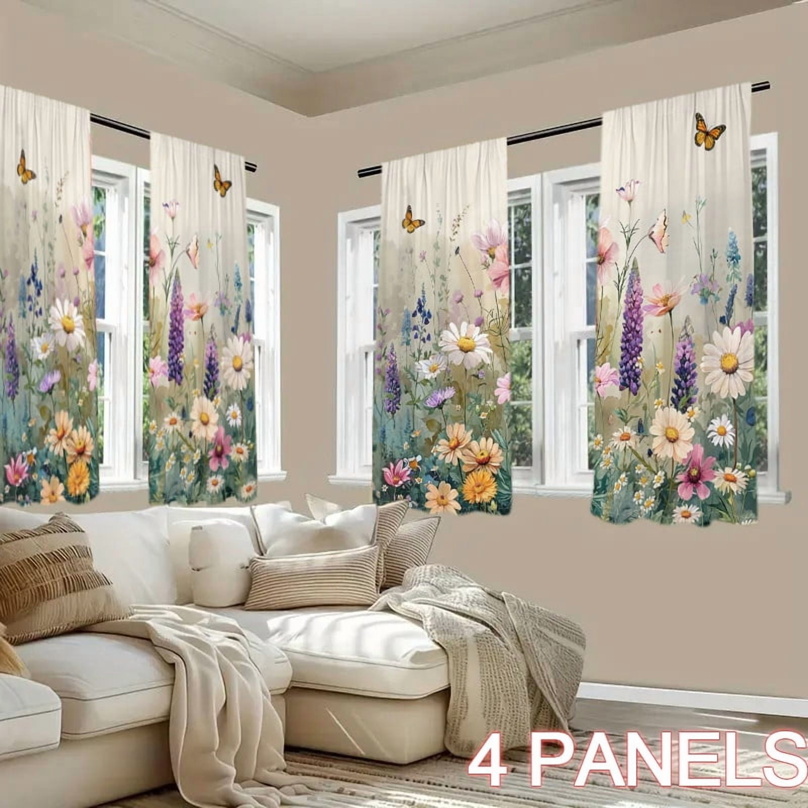 WNOOHIY 4 Panels Spring Colorful Garden Theme Butterfly Floral Pattern Light-filtering Curtains for Living Room, Bedroom, Outdoor Decoration
