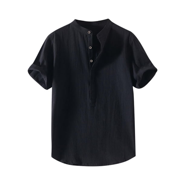 Camisetas de Manga Larga para Hombre Algodón Europa América Estilo Manga Corta Cuello Botón Blusa, Camisa de Poliéster Unisex