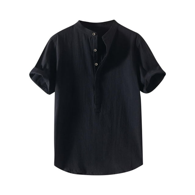 Camisetas de Manga Larga para Hombre Algodón Europa América Estilo Manga Corta Cuello Botón Blusa, Camisa de Poliéster Unisex