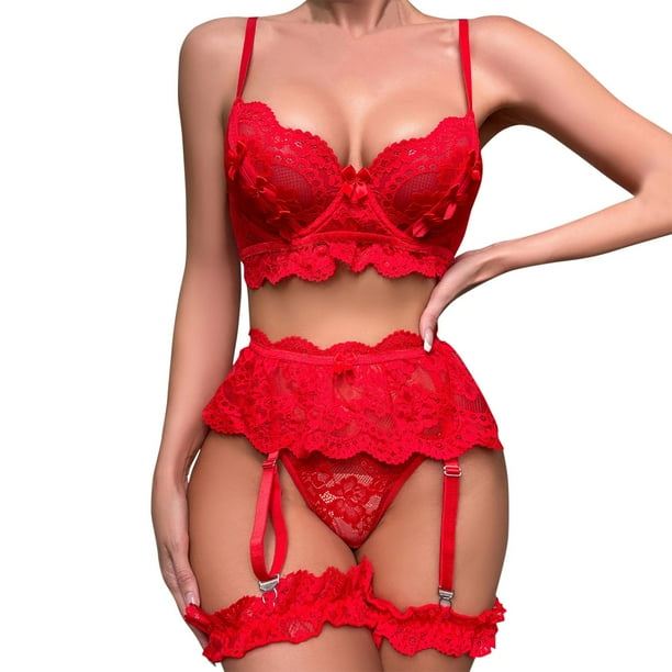 Gibobby Conjuntos de bragas de encaje Ropa De Dormir Ropa De Dormir Mujer Cuello En V Bordado Encaje Lencería Lenceria China Gifts Lenceria Sexy Mujer(Rojo, CH)