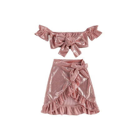 

Emmababy Girls Summer Outfits Sleeveless Off Shoulder Crop Tops Bowknot Ruffle Skirt 1-5Y