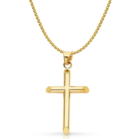 14K Yellow Gold Classic Cross Pendant with 1.5mm Flat Open Wheat Chain Chain Necklace