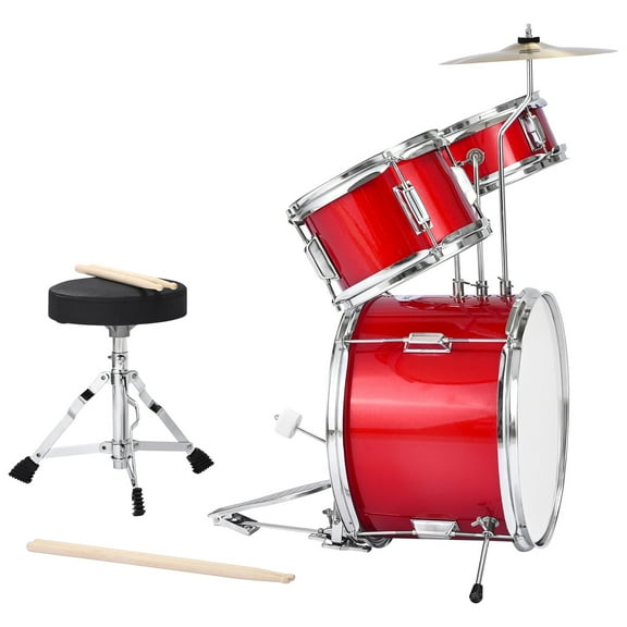 KFFKFF 3-Piece Kids Drum Set, 14-Inch Junior Drums with Adjustable Seat, Cymbal & Two Pairs of Drumsticks, Musical Instrument Kit for Beginners, Suitable for Ages 6-13 (Red)