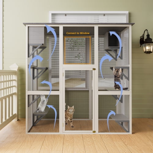 Catio Outdoor Cat Enclosure, Large Wood Cat House for Multiple Cats, Walk in Kitty Cage with 6 Platforms & 2 Resting Boxes, Outdoor Cat Shelter Enclosure with Waterproof Roof