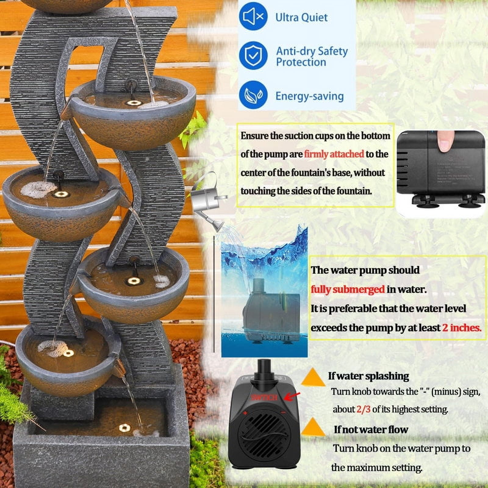 6-Tiered Garden Water Fountains Large Outdoor Fountains and Waterfalls with Light for Patio Yard Porch Pool Decor