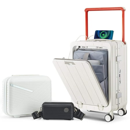 Aluminum Frame 20 Inch with Front Open Carry-on Luggage, PC Hard Shell Suitcase, Bounce Wide Handle Pull Rod Luggage with 360°Double Wheels, Built-In TSA Lock