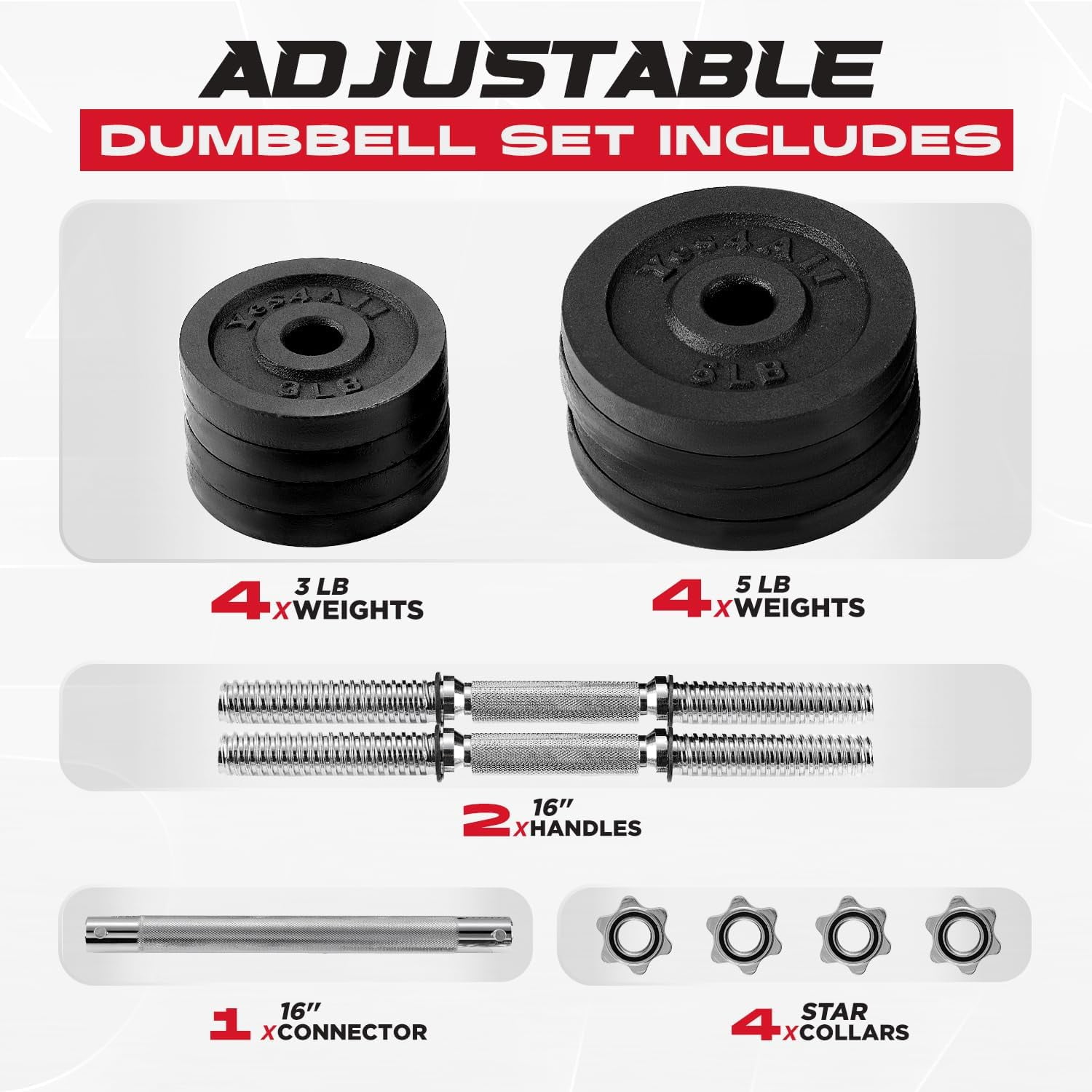 Yes4All Adjustable Dumbbell Set with Weigh Plates and Star Lock Collars, Black/Silver, 43.8 lb