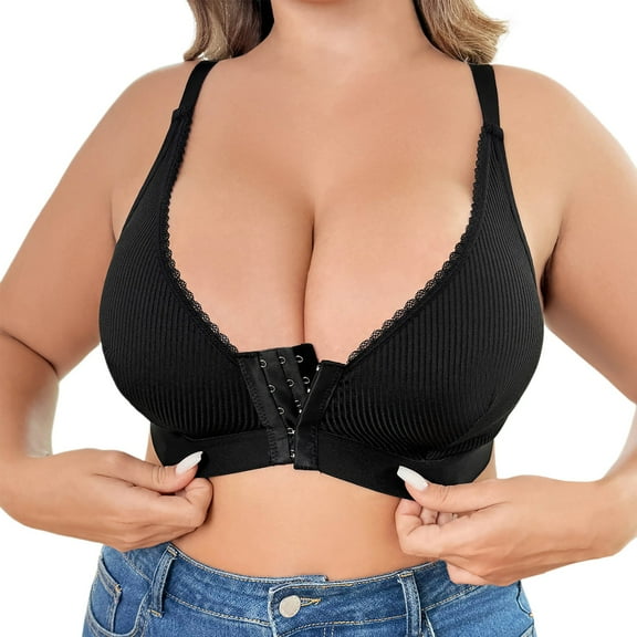 khonts,Women's Front Hook Closure Wireless Bras Seamless Demi Support Bralettes Comfort Large Bust Bra Black XL
