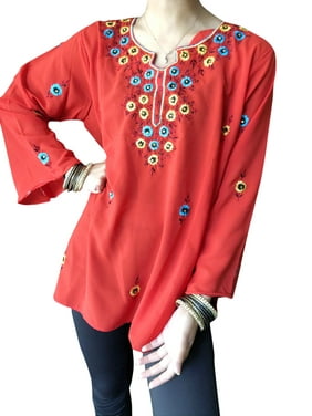 Women Tunic Top, Red Georgette Embroidered Boho Fashion Handmade Indian Ethnic Kurti M