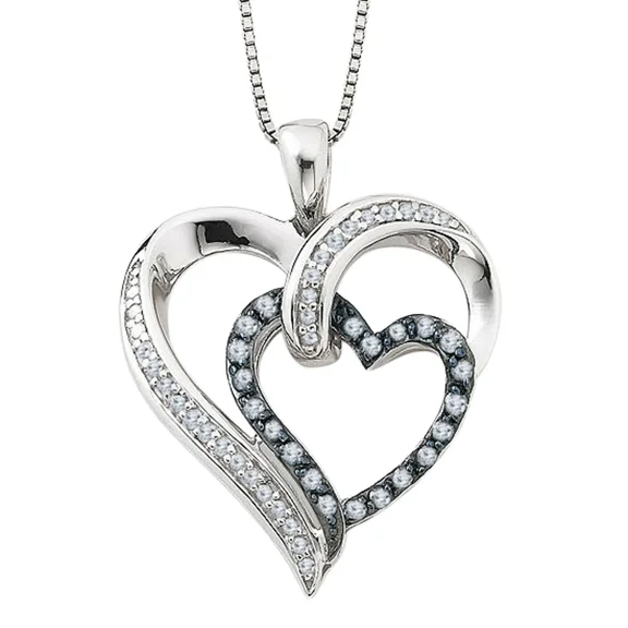 14K White Gold Plated Sterling Silver Heart Pendant Necklace with Round Blue Diamond – Elegant & Romantic Design