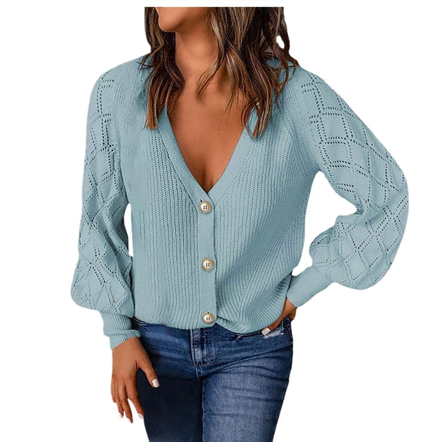 TINZ Women's Fall Solid Color Check Sleeve Sweater Coat Women's Loose Cardigan Sweater Front Open Coat Heart Print Cardigan Knit Jackets for Women Open Front