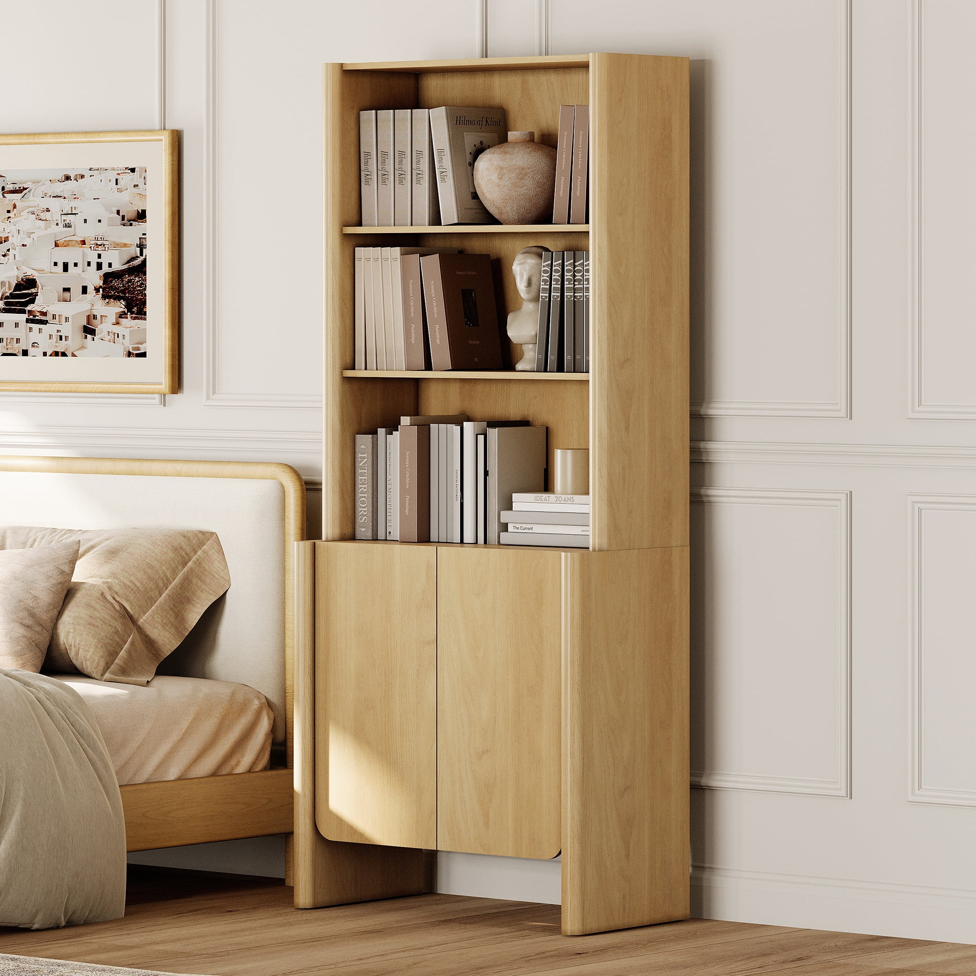 31.5-Inch Modern French Bookcase with Curved Edges, Cabinet Doors and Open Shelves, 72.8" Tall, Oak