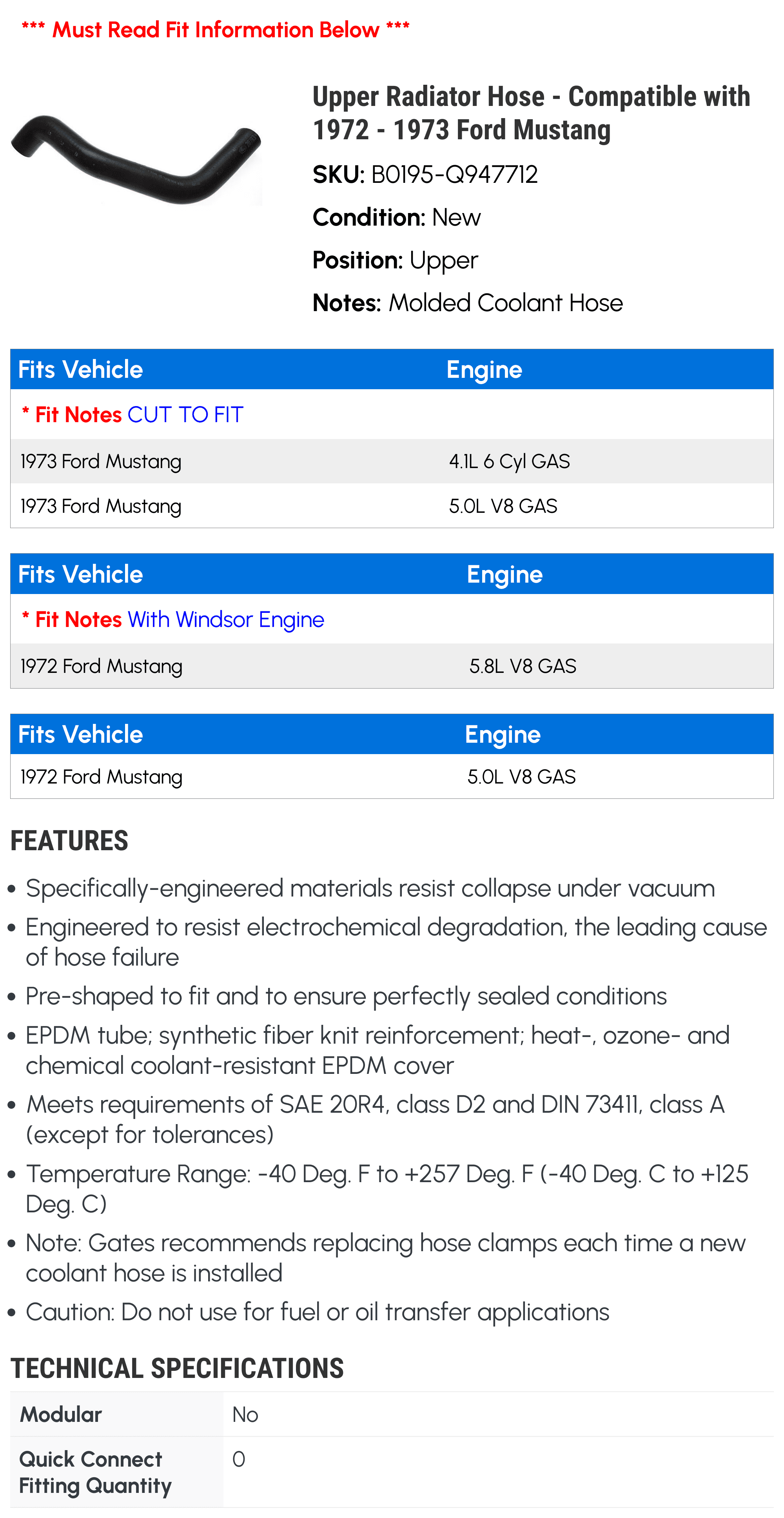 Upper Radiator Hose - Compatible with 1972 - 1973 Ford Mustang